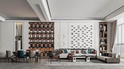 新中式客餐厅 客厅沙发茶几 电视背景墙 餐厅 单椅 餐桌椅 吊灯